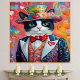 Charming Hearts: Tuxedo Cat in a Flowery Heart-Adorned Hat and Suit - Elegant Valentine's Painting on Ready to Hang 1.5" Thick Canvas Wrap, Floating Framed Canvas, Flat Rolled Canvas